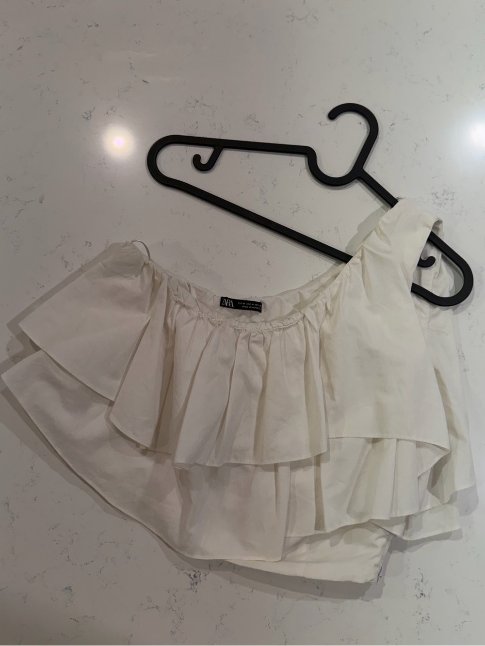 Zara White One-Shoulder Ruffle Crop Top